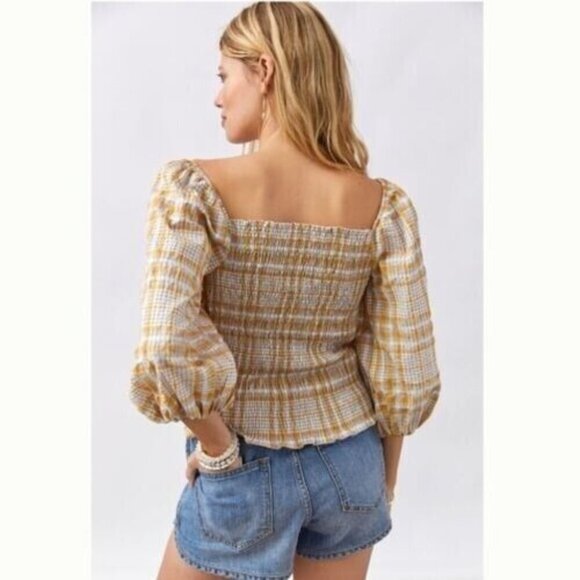 Anthropologie Maeve Plaid Blouses Puff Sleeves Cropped Size Med - Picture 2 of 10